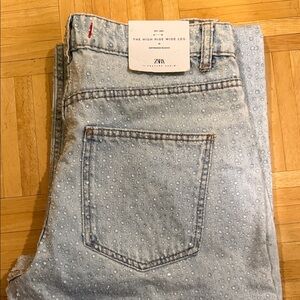 Zara Light Blue Wide Leg Jeans with Rhinestone Detail